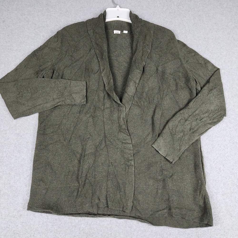 GAP Cardigan Sweater Womens Small Green Waffle Knit Classic Shawl Open Front